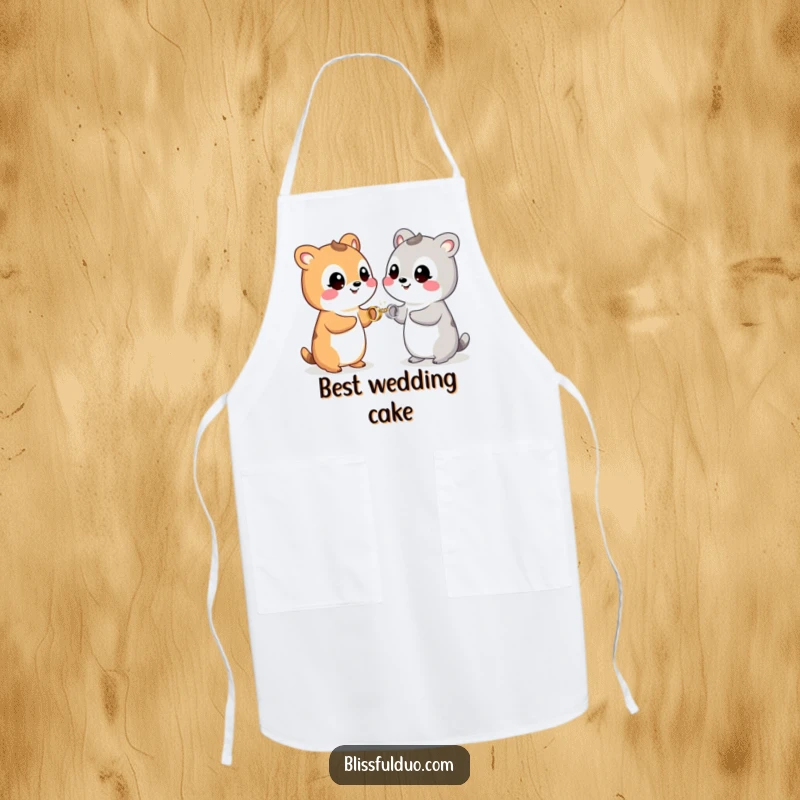 Funny apron showing two playful animals smiling and exchanging small, sparkling rings, perfect for wedding duties.