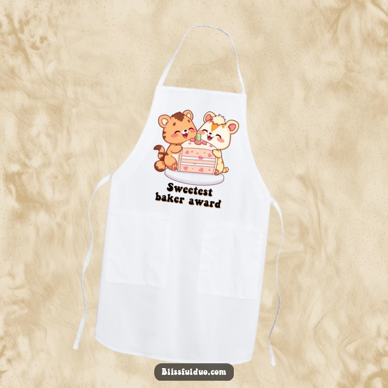 Funny apron depicting two joyful animals sharing a large, colorful cake slice, perfect for baking.