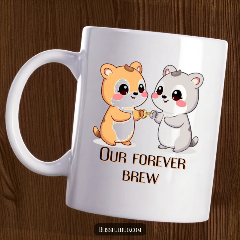 Funny mug showing two playful animals smiling and exchanging small, sparkling rings, symbolizing engagement or wedding.