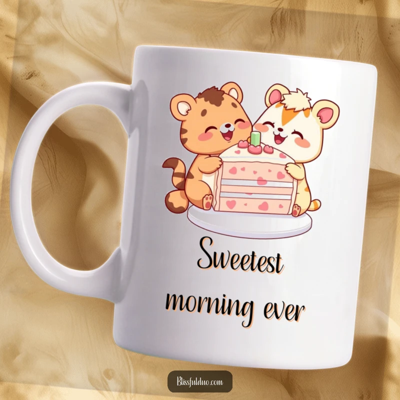 Funny mug with two joyful animals happily sharing a large, colorful slice of cake, symbolizing friendship and celebration.