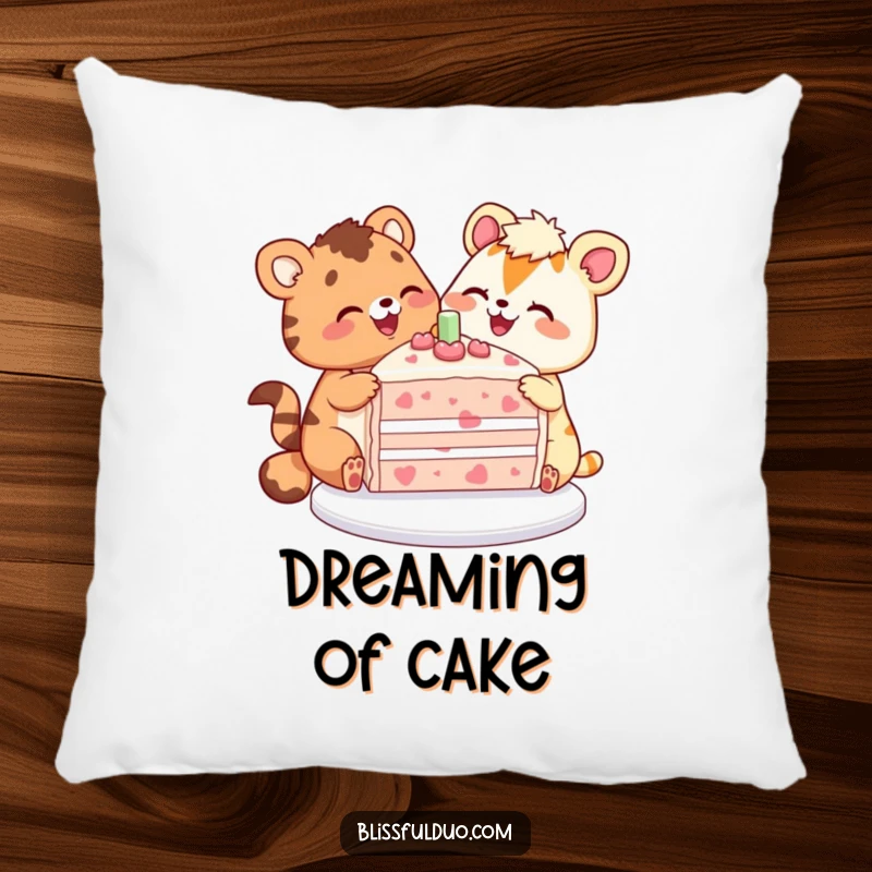 Funny pillow with two happy animals sharing a slice of a huge, colorful cake, adding comfort and style.
