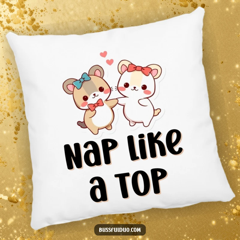 Funny pillow featuring two small, round animals wearing matching bows, holding hands and spinning, adding comfort and cheer.