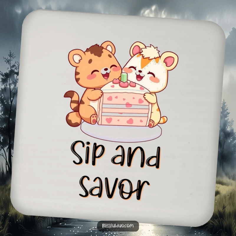Funny coasters set with two happy animals sharing a big, colorful cake slice, protecting surfaces with style.