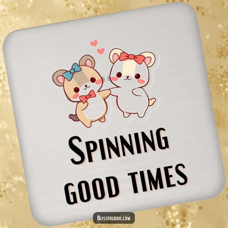 Funny coasters set with two round, bow-wearing animals holding hands and spinning, protecting surfaces with style.