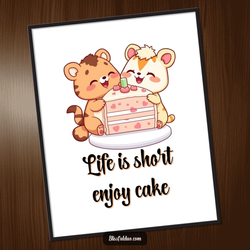 Funny Free Printable Wall Art depicting two joyful animals happily sharing a huge slice of vibrant cake, bringing cheer to any room.