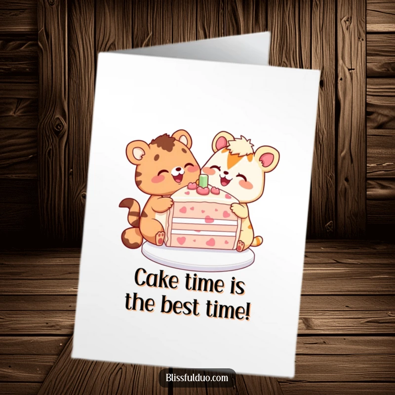 Funny Free Printable Birthday Card featuring two happy animals gleefully sharing a huge, colorful cake slice, celebrating joyfully.