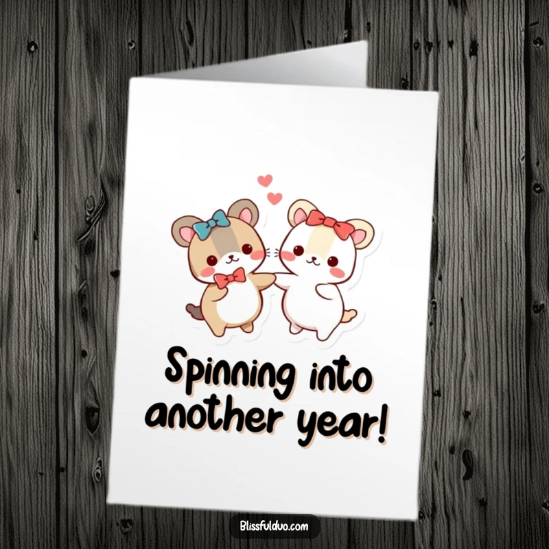 Funny Free Printable Birthday Card featuring two cute, round animals in matching bows, joyfully spinning hand-in-hand, ready to celebrate.
