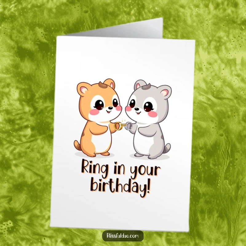 Funny Free Printable Birthday Card showing two playful animals exchanging tiny, sparkling rings with huge, happy smiles, celebrating love.