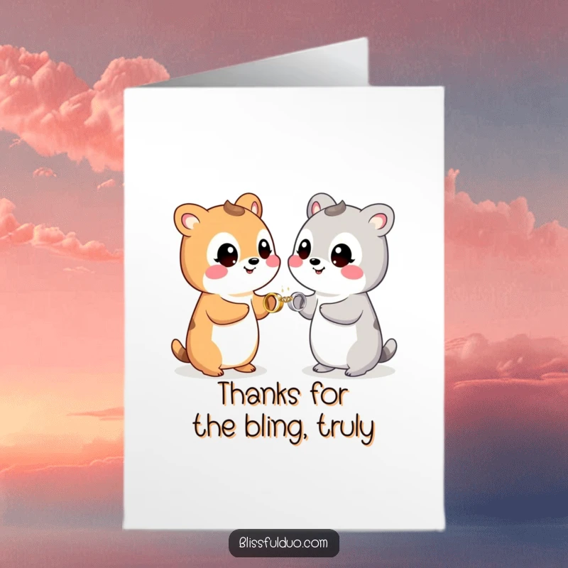 Funny Free Printable Thank You Card with two smiling animals exchanging tiny, sparkling rings, a sweet gesture of thanks.