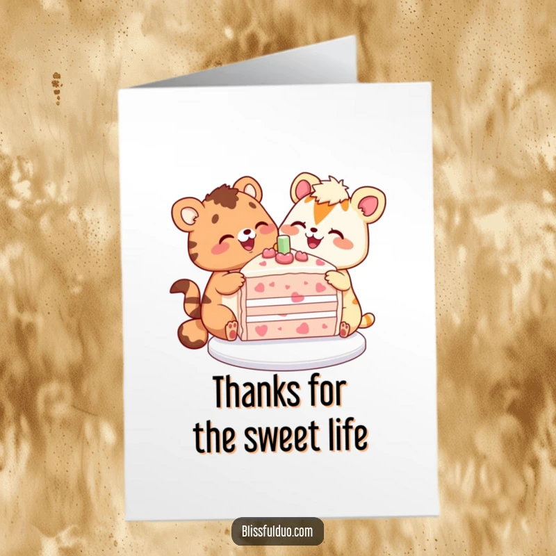 Funny Free Printable Thank You Card with two ecstatic animals sharing a giant, colorful cake slice, symbolizing shared joy.