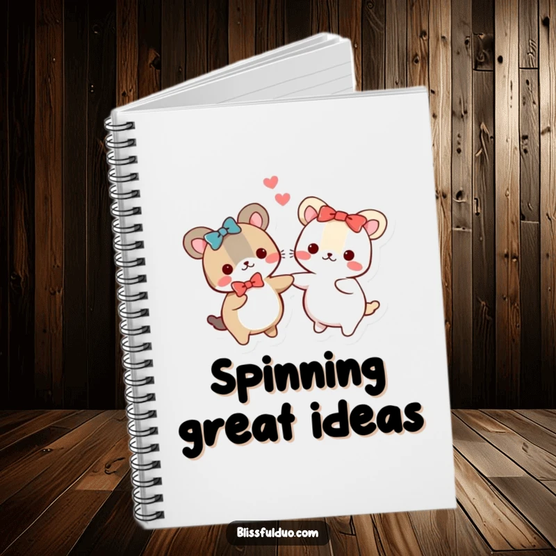 Funny notebook cover showing two small, round animals in matching bows holding hands and spinning, encouraging creativity.