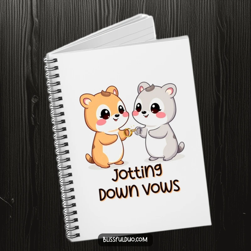 Funny notebook cover with two smiling animals exchanging tiny, glittering rings, perfect for writing love notes.