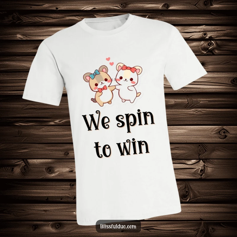Funny t-shirt with two small, round animals wearing matching bows, holding hands and spinning, showcasing a joyful friendship.