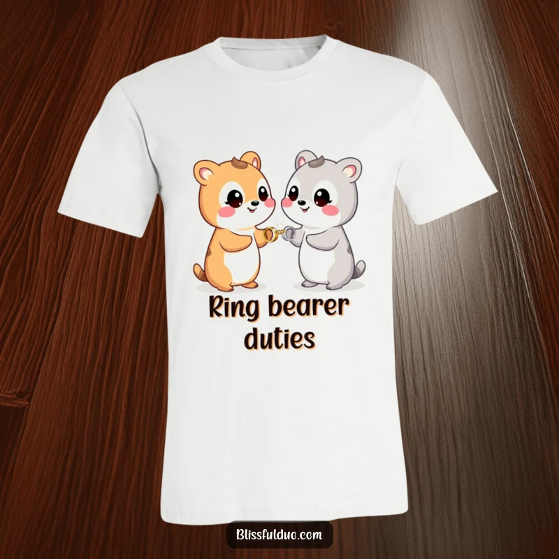 Funny t-shirt with two smiling animals exchanging tiny, sparkling rings, celebrating love and partnership.