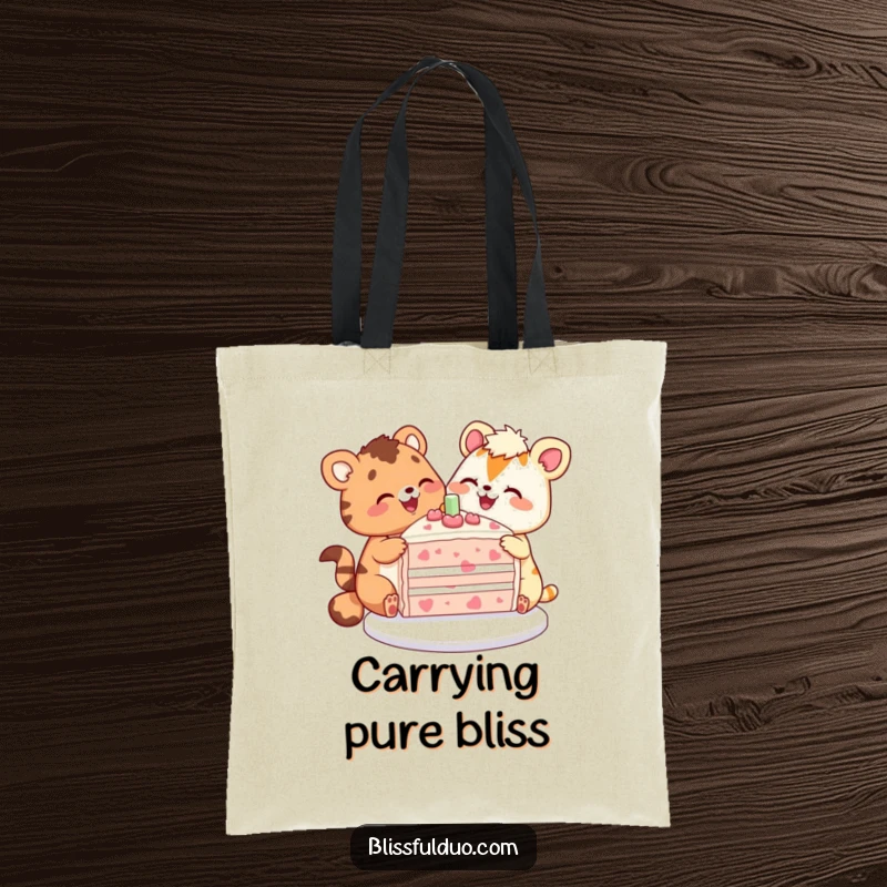 Funny tote bag featuring two happy animals sharing a big, colorful cake slice, perfect for shopping.